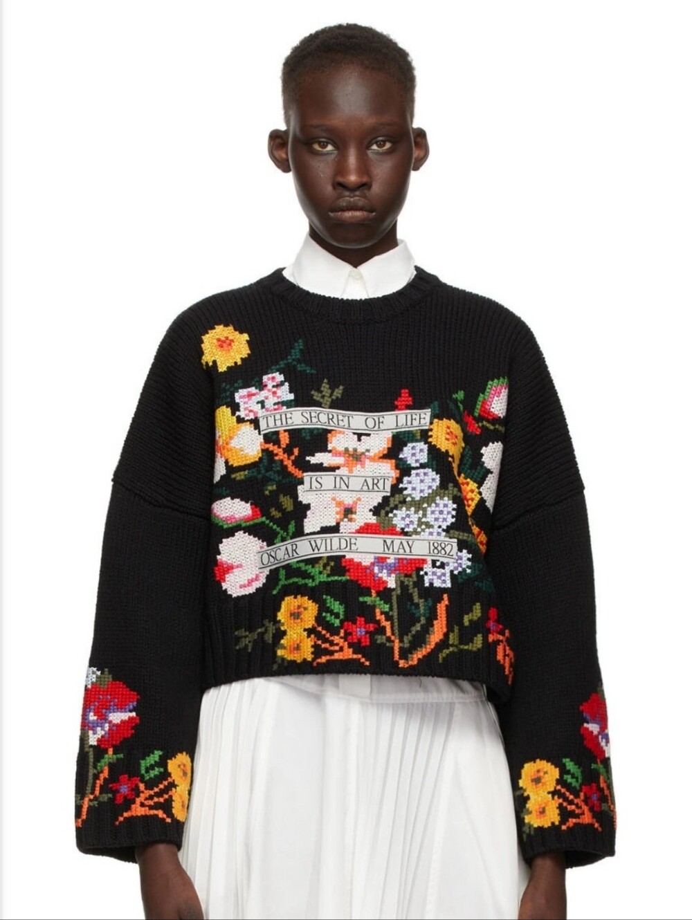 JW ANDERSON Black Floral Crewneck Sweater with Multicolor Embroidery Size M